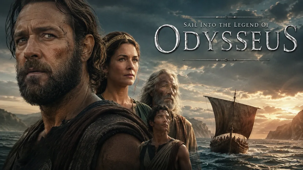Epic The Odyssey movie poster featuring a mythological voyage Epic The Odyssey movie poster featuring a mythological voyage
