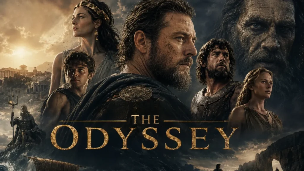The Odyssey film poster with Greek mythology and epic journey theme