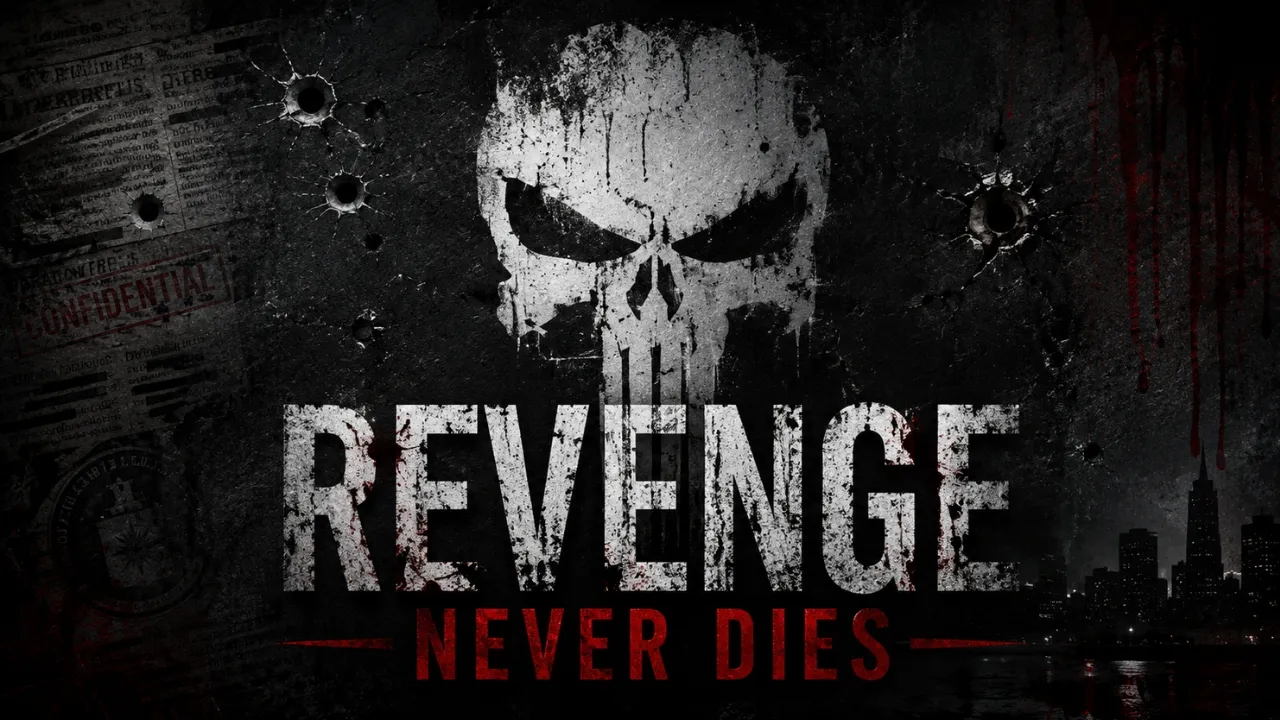 The Punisher skull emblem with Revenge Never Dies title and bullet hole effects The Punisher skull emblem with Revenge Never Dies title and bullet hole effects