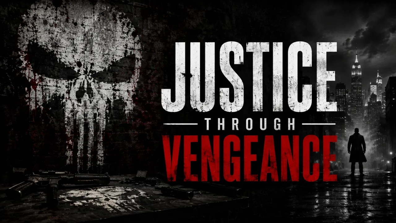 The Punisher skull logo with Justice Through Vengeance text on a dark city background The Punisher skull logo with Justice Through Vengeance text on a dark city background