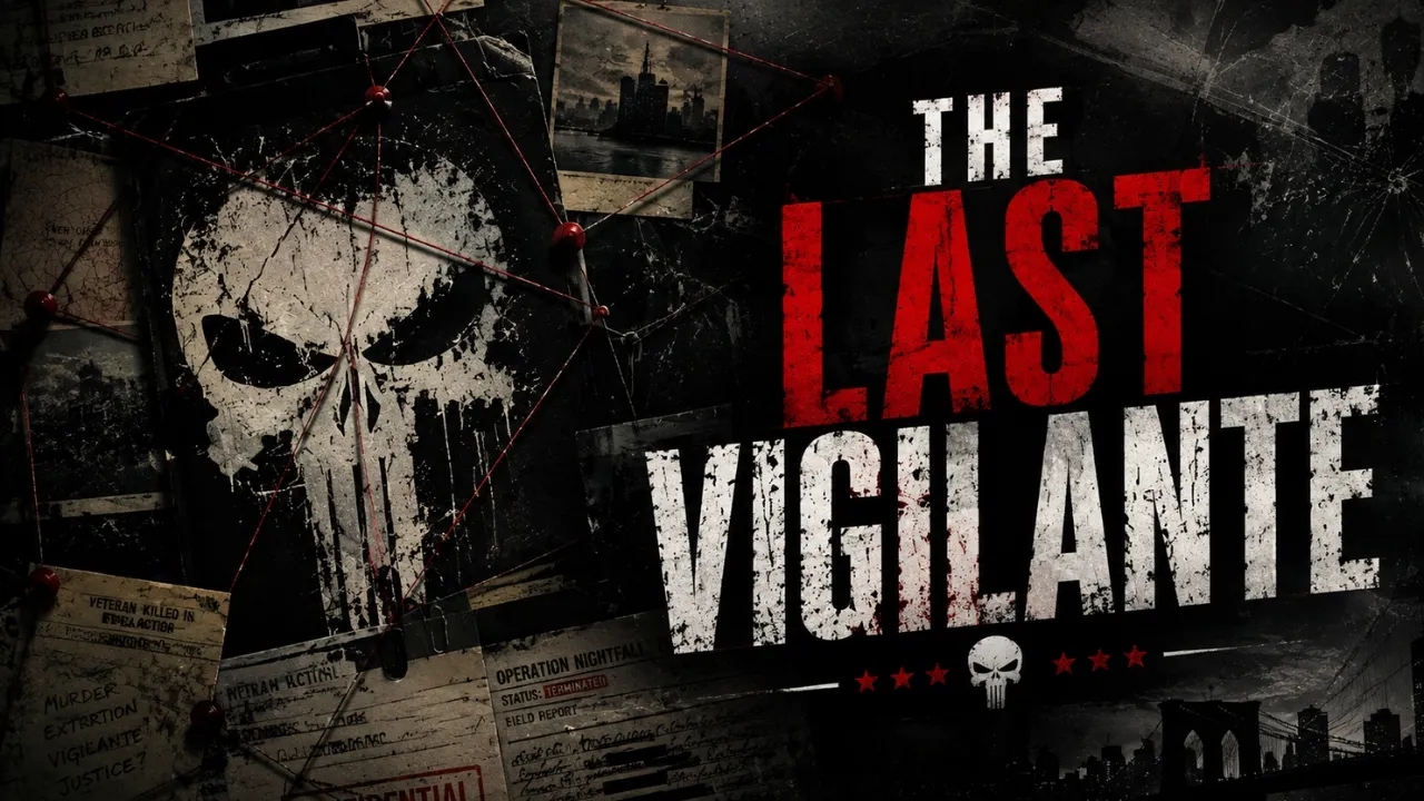 The Punisher skull symbol with The Last Vigilante title on a crime evidence board The Punisher skull symbol with The Last Vigilante title on a crime evidence board