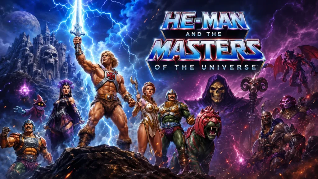 He-Man raising the Power Sword in front of Castle Grayskull.