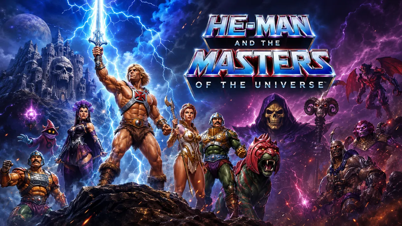 He-Man raising the Power Sword in front of Castle Grayskull.
